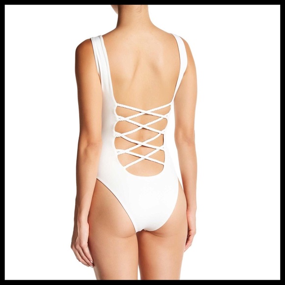 WHITE LACEUP V-NECK ONE-PIECE TANK SWIMSUIT A2C - Picture 2 of 8